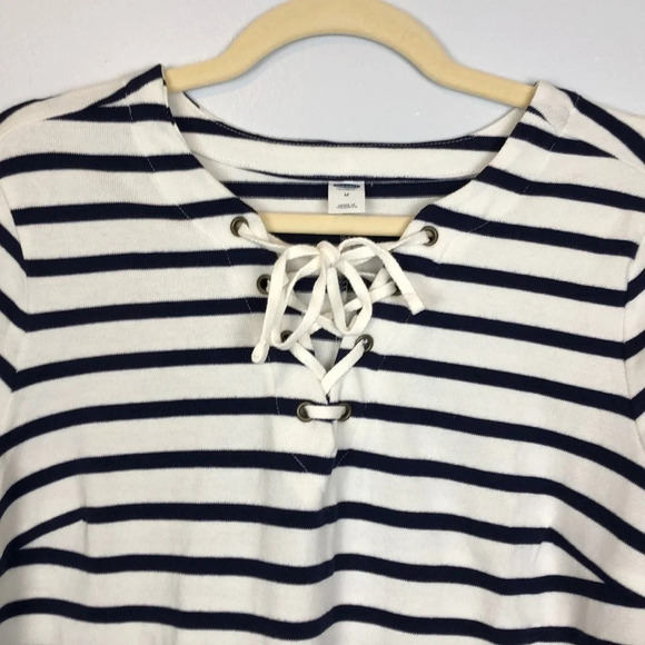 Old Navy NWT Women’s M Striped Drawstring Tie Neckline Quarter Sleeve Dress - Picture 4 of 6